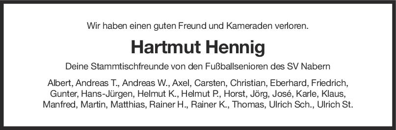 Nachruf Hartmut Hennig <br><p style=