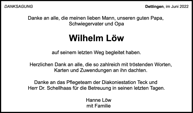 Danksagung Wilhelm Löw <br><p style=