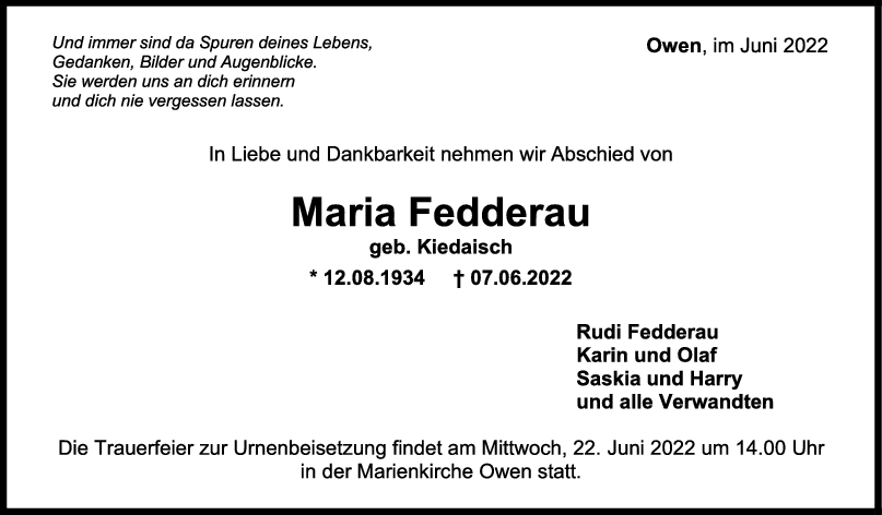 Trauer Maria Fedderau 11/06/2022