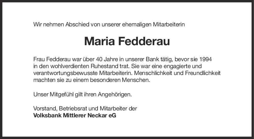 Nachruf Maria Fedderau <br><p style=