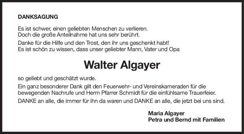 Danksagung Walter Algayer <br><p style=