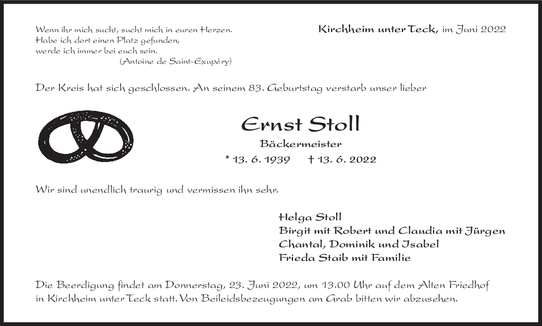 Trauer Ernst Stoll 18/06/2022