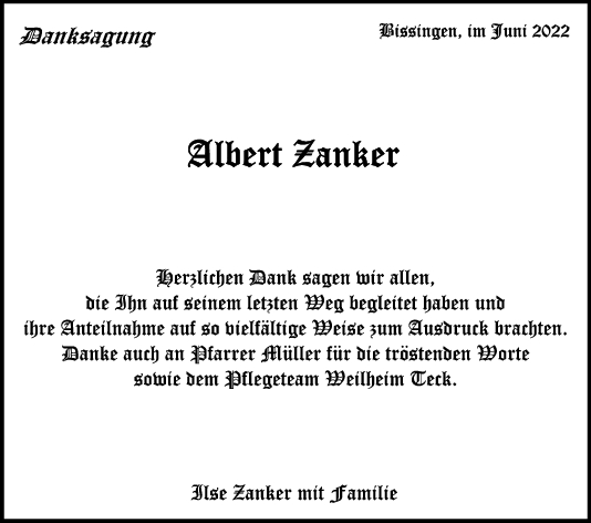Danksagung Albert Zanker 18/06/2022